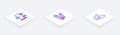 Set Isometric line Trunk for magic tricks, Magic stone and Cube levitating above hand. White square button. Vector