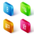 Set Isometric line USB flash drive with lock, Wifi locked, Credit card and Retro wall watch icon. Vector