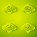 Set Isometric line Vegan food diet, Broccoli, No fish and Apple and banana icon. Vector