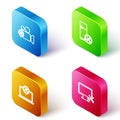 Set Isometric line Video camera service, Refrigerator, Laptop and Computer monitor icon. Vector