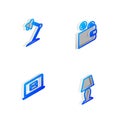 Set Isometric line Wallet with coin, Table lamp, Laptop envelope and icon. Vector