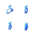 Set Isometric line Wireless smartphone, Smart truck, electric plug and traffic light icon. Vector