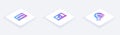 Set Isometric line XYZ Coordinate system, Square root of x glyph and Radioactive. White square button. Vector