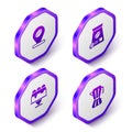 Set Isometric Location with coffee bean, Bag beans, Cake and Coffee maker moca pot icon. Purple hexagon button. Vector Royalty Free Stock Photo