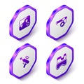 Set Isometric Location fishing, Fishing rod, harpoon and Diving mask icon. Purple hexagon button. Vector Royalty Free Stock Photo