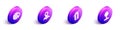 Set Isometric Location on the globe, Placeholder on map paper, Price tag with Free and Push pin icon. Vector