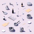 Set of isometric low poly kitchenware