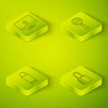 Set Isometric Magnifying glass Search, Bullet, Safe combination lock and Lock on computer monitor icon. Vector