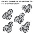 Set of isometric main cryptocurrency coins in bw isolated on white on right view.