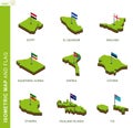 Set of 9 isometric map and flag, 3D vector isometric shape