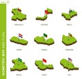 Set of 9 isometric map and flag, 3D vector isometric shape