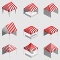 Set Isometric market stall, tent. Street awning canopy kiosk, counter, white red strings for fair, street food, market