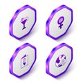 Set Isometric Martini glass, International Women Day, Greeting card with 8 March and icon. Purple hexagon button. Vector Royalty Free Stock Photo