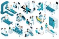 Set Isometric, medical workers and patients, hospital bed, MRI, X-ray scanner, ultrasound scanner, dental chair, operating room