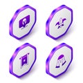 Set Isometric Medieval helmet, Fleur de lys or lily flower, flag and icon. Purple hexagon button. Vector Royalty Free Stock Photo