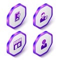 Set Isometric Mobile with dollar, Buyer, Market store and Happy customer icon. Purple hexagon button. Vector