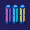 Set of isometric modern buildings Night business city 3D future