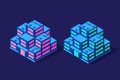 Set of isometric modern buildings Night business city 3D future