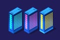 Set of isometric modern buildings Night business city 3D future