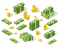 Set of isometric money isolated on white background.