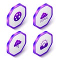 Set Isometric Moon, Fog and cloud, Cloud lightning and Sunset icon. Purple hexagon button. Vector Royalty Free Stock Photo