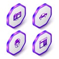 Set Isometric Motherboard, Fantastic flying car, Planet earth and radiation and Browser window icon. Purple hexagon