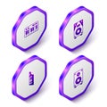 Set Isometric Music synthesizer, Stereo speaker, Keytar and icon. Purple hexagon button. Vector Royalty Free Stock Photo