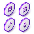 Set Isometric News, Advertising, Repair price and Business investor icon. Purple hexagon button. Vector