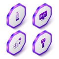 Set Isometric Nitrous oxide, Pit stop, Timing belt kit and Car key with remote icon. Purple hexagon button. Vector Royalty Free Stock Photo