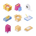 A set of isometric objects on the topic of mail. Paper boxes with a letterhead and scotch for packaging. Festive