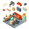 Set of isometric office interior elements. Flat-style vector illustration Royalty Free Stock Photo