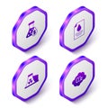 Set Isometric Oil petrol test tube, Contract money and pen, Nuclear power plant and CO2 emissions in cloud icon. Purple Royalty Free Stock Photo