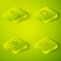 Set Isometric Open padlock, Fingerprint, Motion sensor and Bullet icon. Vector