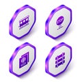 Set Isometric Passenger train cars, Stop sign, Passport and Railway, railroad track icon. Purple hexagon button. Vector