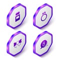 Set Isometric Perfume, Diamond engagement ring, Gift bow and 8 March speech bubble icon. Purple hexagon button. Vector