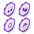 Set Isometric Piercing, Diamond engagement ring box, and King crown icon. Purple hexagon button. Vector Royalty Free Stock Photo