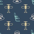 Set Isometric Pilot hat, Plane and Airplane seat icon. Vector