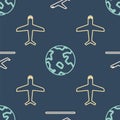 Set Isometric Plane takeoff, Plane and Worldwide icon. Vector