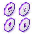 Set Isometric Pommel horse, American football goal post, Golf on tee and Fitness shaker icon. Purple hexagon button