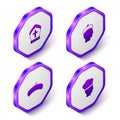 Set Isometric Pope hat, French man, beret and Italian cook icon. Purple hexagon button. Vector Royalty Free Stock Photo