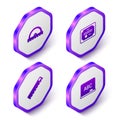 Set Isometric Protractor grid, Certificate template, Ruler and Chalkboard icon. Purple hexagon button. Vector