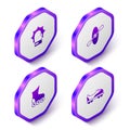 Set Isometric Punch in boxing gloves, Kayak and paddle, Roller skate and Football shoes icon. Purple hexagon button