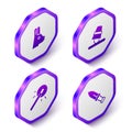 Set Isometric Rabbit with ears, Game thimbles, Magic wand and Dagger icon. Purple hexagon button. Vector