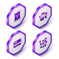 Set Isometric Radioactive waste in barrel, Futuristic weapon, Credit card and Neural network icon. Purple hexagon button