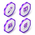 Set Isometric Repair price, Board with graph, Office folders and Target financial goal icon. Purple hexagon button