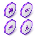 Set Isometric Rice with fish in a bowl, Fish sliced pieces, Served on plate and Cup of tea icon. Purple hexagon button