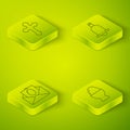 Set Isometric Ringing bell, Greeting card with Happy Easter, Easter egg on a stand and Christian cross icon. Vector