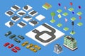 Set Isometric road and Vector Cars, Common road traffic regulatory, Building with a windows and air-conditioning. Vector illustrat