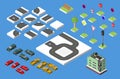 Set Isometric road and Vector Cars, Common road traffic regulatory, Building with a windows and air-conditioning. Vector illustrat