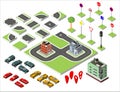 Set Isometric road and Vector Cars, Common road traffic regulatory, Building with a windows and air-conditioning. Vector illustrat